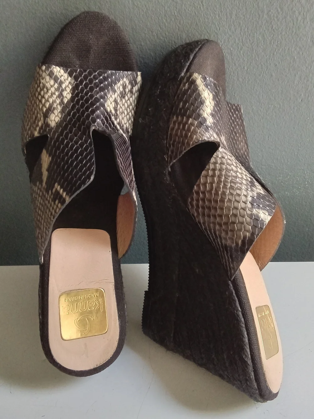 Kanna Spain Snakeskin Embossed Leather Espadrille Wedge Sandals Brown Tan
